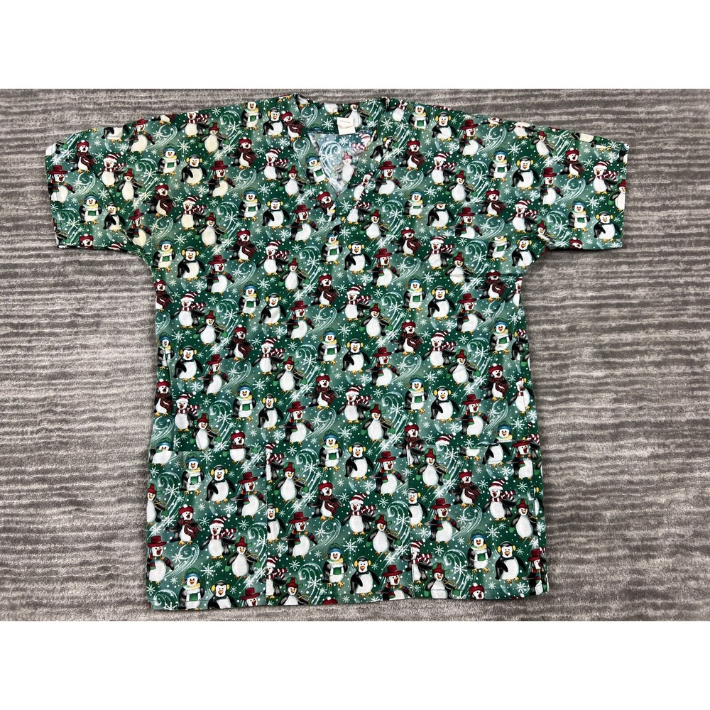 Friendly Scrubs Scrub Top Unisex Medium Green Penguin Winter‎ Holiday V-Neck USA